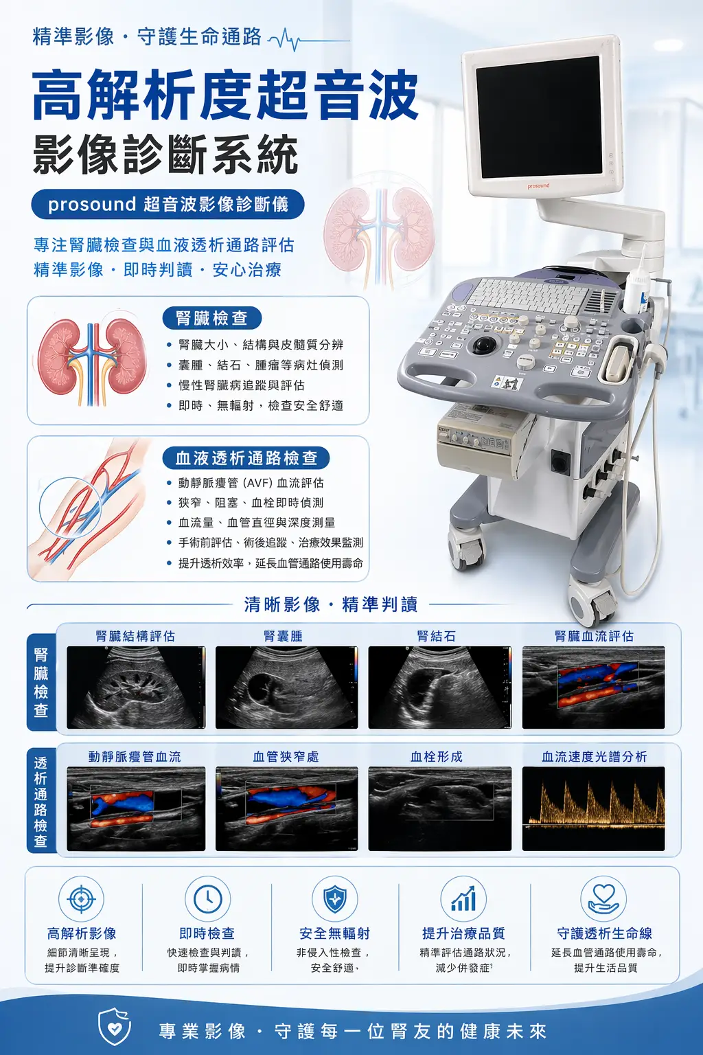 高解析度超音波影像診斷系統prosound，高健診所腎臟與瘻管檢查設備